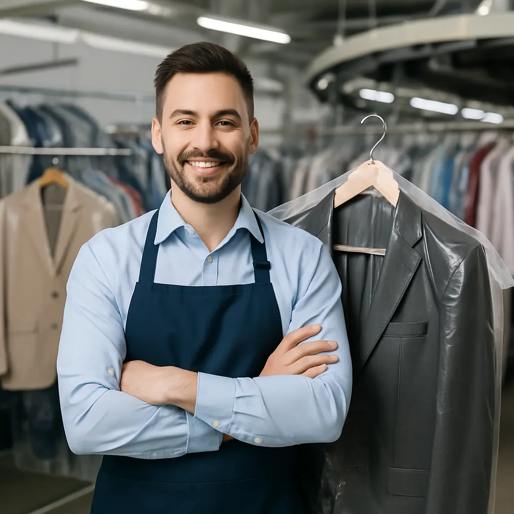 Smiling worker in an apron, standing with arms crossed.